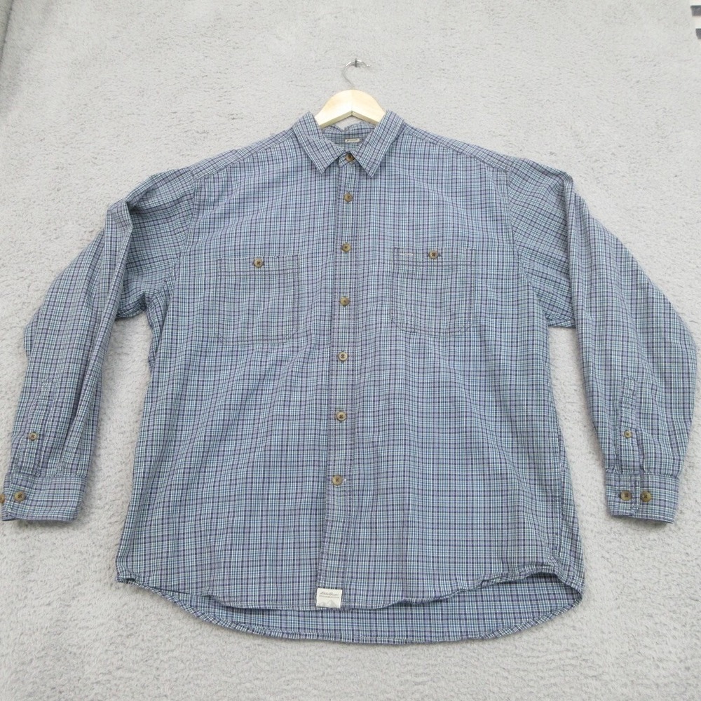 Eddie Bauer Shirt Men XL‎ Blue Check Authentic Classic Button Up Pocket Logo